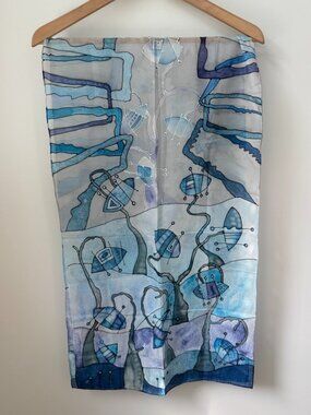 TARJÁNYIOVÁ Hand Painted Silk Scarf Artisan Blue Purple Abstract Art To Wear